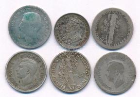 6db kis ezüstpénz klf országokból, közte Ceylon 1913. 10c Ag V. György + Amerikai Egyesült Államok 1945. 1d Ag Mercury T:XF-F 6pcs of diff small Ag coins, with Ceylon 1913. 10 Cents Ag George V + USA 1945. Dime Ag Mercury C:XF-F
