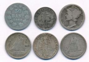 6db kis ezüstpénz klf országokból, közte Ceylon 1913. 10c Ag "V. György" + Amerikai Egyesü...