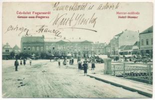 1910 Fogaras, Fagaras; Mercur szálloda, étterem és kávéház, piac, Radu C., Wilhelmine G., Heinrich Schul és Heinrich Enkelhardt üzlete / hotel, restaurant and café, shops, market