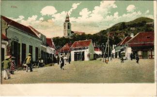 1906 Szilágysomlyó, Simleu Silvaniei; Fő tér, Schupiter János és Verecz üzlete, férfi szabó / main square, shops (gyűrődés / crease)