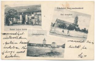 1907 Nagyszalonta, Salonta; Badar Lajos és Grósz üzlete, Csonkatorony, Református templom / main square, Calvinist church, shops (szakadás / tear)