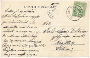 1907 Nagyszalonta, Salonta; Badar Lajos és Grósz üzlete, Csonkatorony, Református templom / main squ...