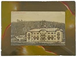 Vatra Dornei, Dornavátra, Bad Dorna-Watra (Bukovina, Bukowina); Bahnhotel / Railway hotel (postcard glued to glass) (15,5 x 11,5 cm)