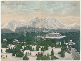 Tátralomnic, Tatranská Lomnica (Tátra, Magas Tátra, Vysoké Tatry); Lomnici-csúcs, Palota szálloda. 2-részes kihajtható panorámalap. Divald Károly műintézete 1492-1907. / mountain peak, hotel. 2-tiled folding panoramacard (lyukak / pinholes)