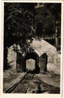 Nagybánya, Baia Mare; Mine de aur Dealul crucii / Kereszthegyi bánya bejárata, iparvasút, csille. Frankovits kiadása / mine entry with cart, industrial railway