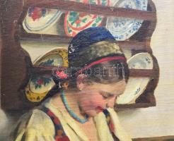 Pap Emil (1884-1955): Menyecske. Olaj, vászon. Jelezve balra lent. Sérült. Dekoratív fakeretben. 78×...