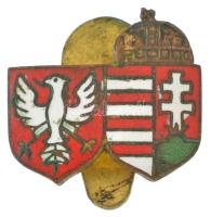~1930. Lengyel-magyar címeres zománcozott gomblyukjelvény, JEROU BP VÁCI UTCA 39 gyártói jelzéssel (17x19mm) T:2
