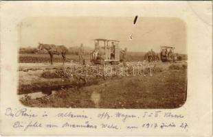 1917 Die Reise in Albanien. Offz. Wagon I. u II. Klasse / Osztrák-magyar katonatisztek lóvasúton Albániában / WWI Austro-Hungarian K.u.K. military, officers on horse-drawn railway in Albania. photo + &quot;K.u.K. Res. Telegr. Betriebsabteilung No. 38.&quot; (EK)