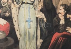 Aragóniai Katalin VIII. Henrik előtt. Színezett metszet, papír, jelzés nélkül, kissé sérült. Üvegeze...