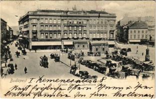 1906 Budapest V. Gizella tér (ma Vörösmarty tér), Takarékpénztár, Pesti Magyar Kereskedelmi Bank, lovas hintók parkolója, Singhoffer Béla üzlete. Damkó Lőrinc kiadása (r)