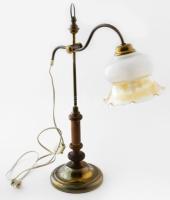 Német asztali lámpa, fa, bronz, üveg. Állítható magasságú, kis kopással, m: 57 cm