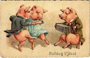 1932 Boldog Újévet / New Year greeting art postcard with dancing pigs, accordion (EK)