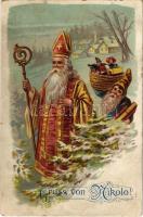 Gruss von Nikolo! / Christmas greeting art postcard with Saint Nicholas and dwarves. litho (EK)