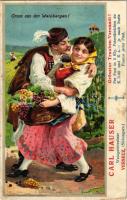 1908 Versec, Werschetz, Vrsac; Gruss aus den Weinbergen! Carl Hauser Weingutsbesitzer / Carl Hauser borászatának reklámlapja, hátoldalon árlista / winery advertisement card. Seidner Chromolith. Kunstanst. Budapest litho (non PC) (r)