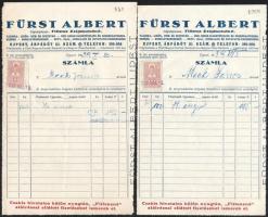 1939 Újpest, Fürst Albert pálinka-, likőr-, rum- és ecetgyár, szesz- és bornagykereskedő (stb.) 5 db fejléces számlája, 2f okmánybélyegekkel