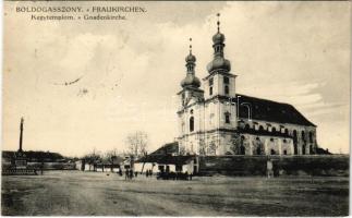 1912 Boldogasszony, Fertőboldogasszony, Frauenkirchen; Kegytemplom. Horváth J. kiadása / Gnadenkirche / pilgrimage church + PARNDORF - KIS-CZELL 264. SZ. A vasúti mozgóposta bélyegző (fl)