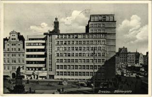 1938 Wroclaw, Breslau; Bücherplatz, Fassbender, Mohrenapotheke / square, shops, pharmacy, tram, automobiles