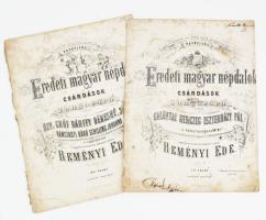 cca 1860-1870 Reményi Ede: Eredeti magyar népdalok és csárdások zongorára. I-II. füzet. (2 db kotta). Bécs, Wegelein G.-ny., 10+(2) p., 10+(2) p. Kiadói papírkötés, hiányzó borítóval, viseltes, foltos állapotban.