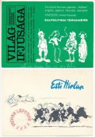 4 db modern magyar propaganda képeslap: Lobogó Magyar Honvédelmi Szövetség hetilapja, Világ Ifjúság a Magyar Kommunista Ifjúsági Szövetség nemzetközi ifjúsági magazinja, Esti Hírlap