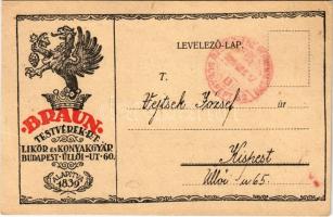 1929 Braun Testvérek Likőr és Konyakgyár reklámlapja. Hátoldalon megrendelőlap. Budapest VIII. Üllői út 60. / Hungarian Liqueur and Cognac Factory advertisement, order form on the backside (EK)