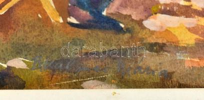 B. Kalmár Mária (?-): Festői akt a szabad. Akvarell, papír, jelzett, üvegezett fakeretben, paszpartu...