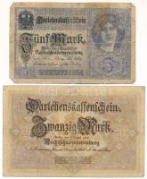 Német Birodalom 1914. 20M + 1917. 5M T:VG
German Empire 1914. 20 Mark + 1917. 5 Mark C:VG
