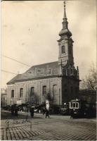 Budapest I. Krisztina tér, templom, 35-ös villamos, piac, Modiano reklám, hirdetőoszlop. photo (8,6 x 12,6 cm)