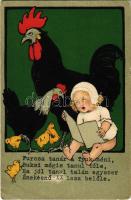 Furcsa tanár a Tyúk néni... / Children art postcard with rooster and chicken. litho (EB)