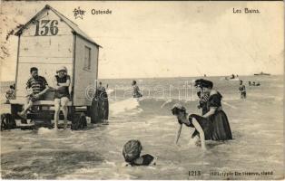 Oostende, Ostende; Les Bains / beach, bathers, cabin. Héliotypie De Graeve 1213.