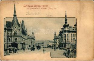 Kolozsvár, Cluj; Híd fő részlet és Ferenc József út, kisvasút, városi vasút, Phönix biztosító intézet / bridge, street, urban railway, train, insurance company (r)