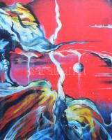 Oláh Zoltán (1974-): Szürrealista kép, 1995. Olaj, farost. Jelzett a hátoldalán. Apró felületi sérül...