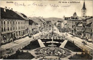 1909 Kassa, Kosice; Fő utca szökőkúttal, piac, üzletek. Varga Bertalan kiadása / main street, fountain, market, shops (EB)