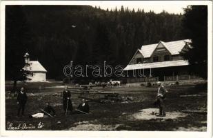 Tusnádfürdő, Baile Tusnad; Szt. Anna tó, menedékház, faszállítás ökrös fogattal, kápolna, turisták sétabottal / Lacul Sfanta Ana / lake, chalet, timber transporting with ox cart, chapel, tourists, hikers with canes. photo