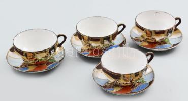 Japán porcelán 4 csésze alátéttel. Jelzett, kopással, d: 9,5 cm