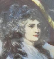 Antik csontra festett női portré 8x7 cm, csont elemekből épített keretben, 14,5x13 cm. Jó állapotban