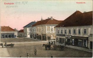 1912 Érsekújvár, Nové Zámky; Városház tér, Schulcz Ignácz, Cukorka, Bartlik Károly és Freund Miksa üzlete. Schulcz Ignác saját kiadása / square, shops