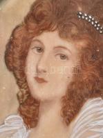 Antik csontra festett női portré 9x6,5 cm, csont elemekből épített keretben, 14x11 cm. Két keretelem...