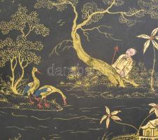 Antik japán dísztál és morzsakefe szett. Festett fém, bronz és fa, kefén kis hiánnyal. Kopással. Kef...