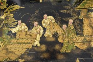 Antik japán dísztál és morzsakefe szett. Festett fém, bronz és fa, kefén kis hiánnyal. Kopással. Kef...