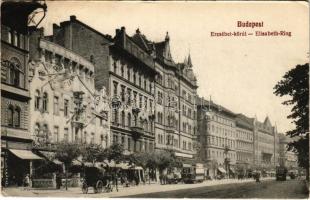 1912 Budapest VII. Erzsébet körút, Royal Orfeum, fodrászati cikkek üzlete, villamosok (EK)