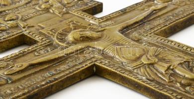 Antik orosz pravoszláv kereszt, Réz, plasztikus díszítésekkel, mindkét oldalán. feliratos 38x20 cm, ...