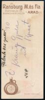 cca 1910-1920 Arad, Ransburg M. és Fia bortermelők és bornagykereskedők számolócédula, kis sérülésse...