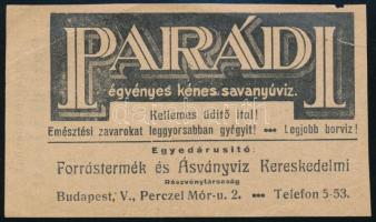 cca 1910-1920 Parádi égvényes kénes savanyúvíz számolócédula, kis szakadással