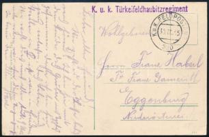 1915 Gorizia képeslap (Főtér) "K.u.K. Türkeifeldhaubitzregiment" lila bélyegzéssel