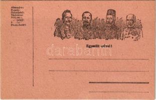 Egyesült erővel! Első világháborús tábori postai levelezőlap a Központi Hatalmak uralkodóival: V. Mehmed, I. Ferdinánd, II. Vilmos, I. Ferenc József / WWI Austro-Hungarian K.u.K. military field postcard, Viribus Unitis and Central Powers propaganda: Mehmed V, Ferdinand I of Bulgaria, Wilhelm II, Franz Joseph I of Austria. Feldpostkarte (EK)