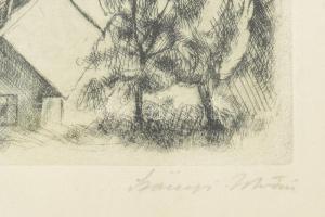 Szőnyi István (1894-1960): Zebegényi dombság. rézkarc, papír, jelzett. Üvegezett fakeretben, 25x33 c...