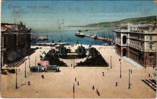 1913 Trieste, Trieszt; Piazza Grande / square, port, steamship, tram (Rb)