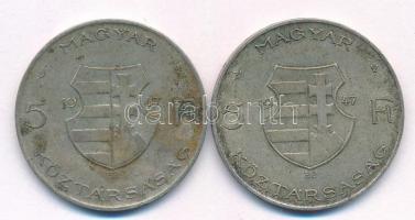 1947. 5Ft Ag "Kossuth" (2x) T:VF,F patina, az egyiken kis ph 
Adamo F8.1