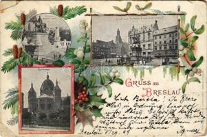 1899 (Vorläufer) Wroclaw, Breslau; Synagoge, Denkmal Kaiser-Wilhelm I., Stadhaus u. Denkmal Friederich Wilhelms III. / Synagogue, Wilhelm I. monument, town hall and Friedrich Wilhelm III. monument. Art Nouveau, floral, litho (EB)