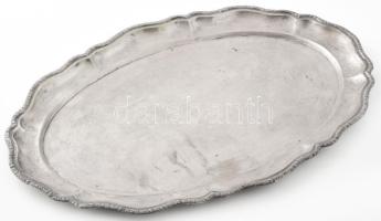 Antik ezüstözött alpakka tálca, fodros osztatú peremrésszel, stilizált virágfüzér mintával. Kopott, jelzett, 41x28 cm